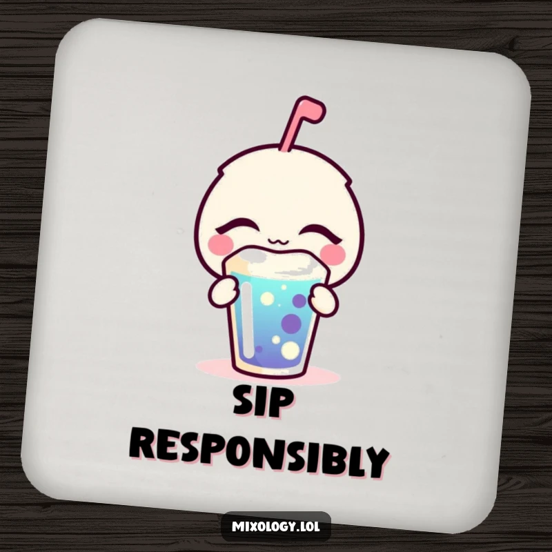 Funny Drink Coaster with a bubbly icon eyes closed, blissfully sipping a drink, adding a touch of peaceful humor.