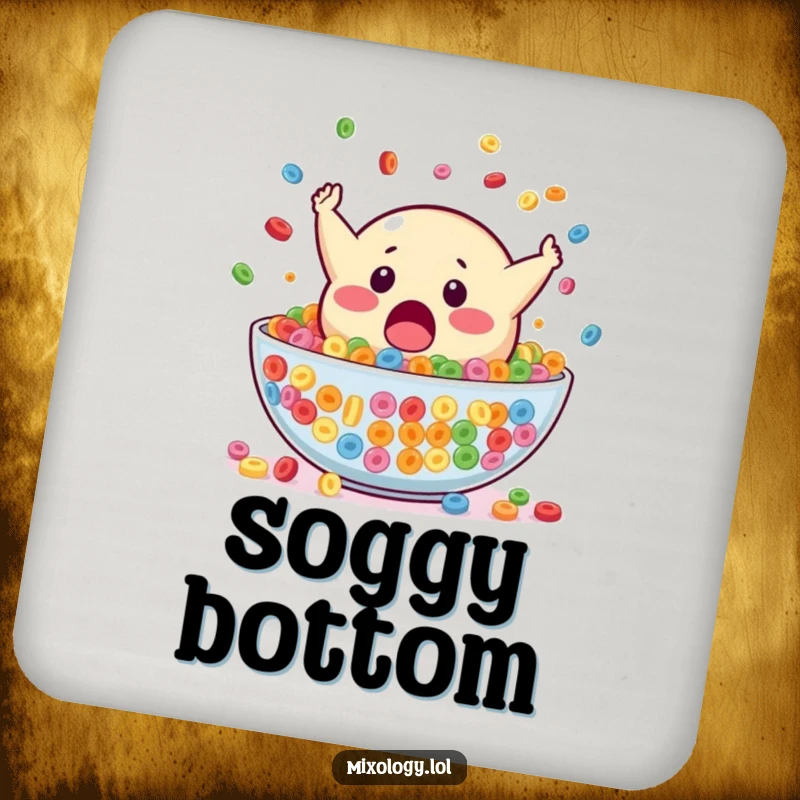 Funny coaster with a surprised blob mascot falling headfirst into a large bowl of colorful cereal, a humorous and practical accessory.