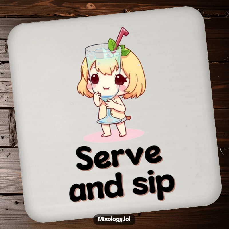 Funny Drink Coaster featuring a sweet little character presenting a chilled glass with a flourish, adding elegance to tables.