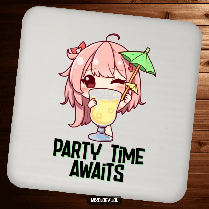 Funny drink coaster with a winking character garnishing a drink with a tiny umbrella, adding witty decor and surface protection.