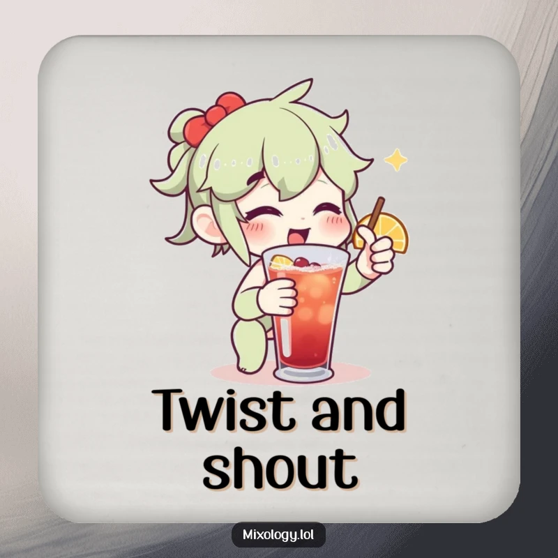 Funny drink coaster showing an enthusiastic character adding a twist to a drink, protecting furniture with style.