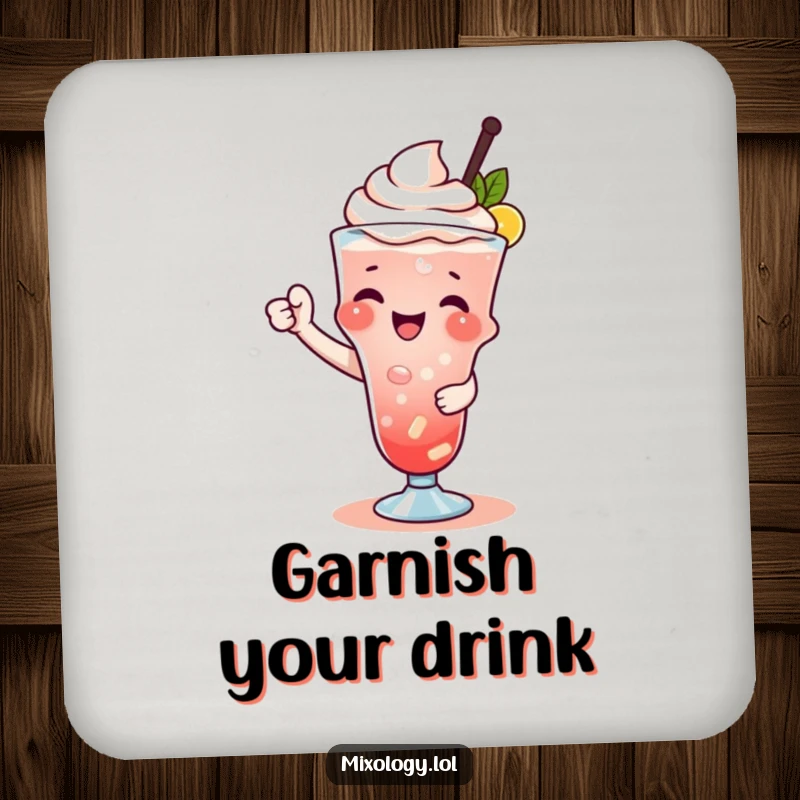 Funny drink coaster with a character playfully garnishing a drink, adding a touch of sophisticated humor.