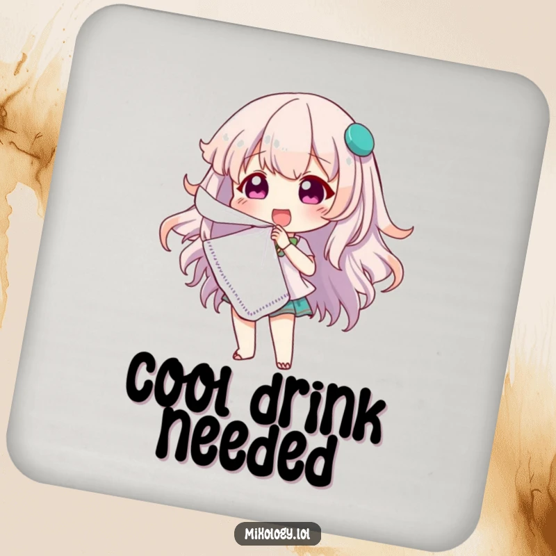 Funny drink coaster showing a cute character hilariously fanning themselves with a cocktail napkin, protecting surfaces with humor.