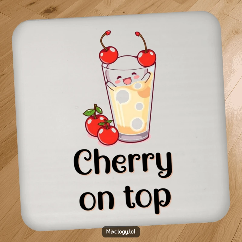 Funny Drink Coaster with a tiny figure joyfully adding a cherry to a drink, adding a humorous element to beverage service.