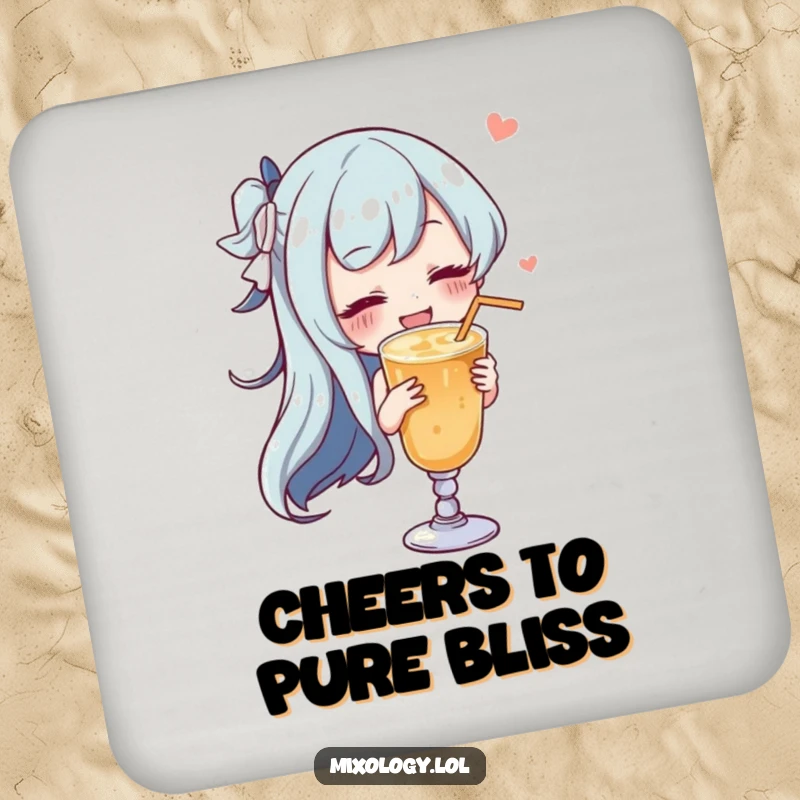 Funny character gracefully swirling a drink with a satisfied sigh on a protective drink coaster.
