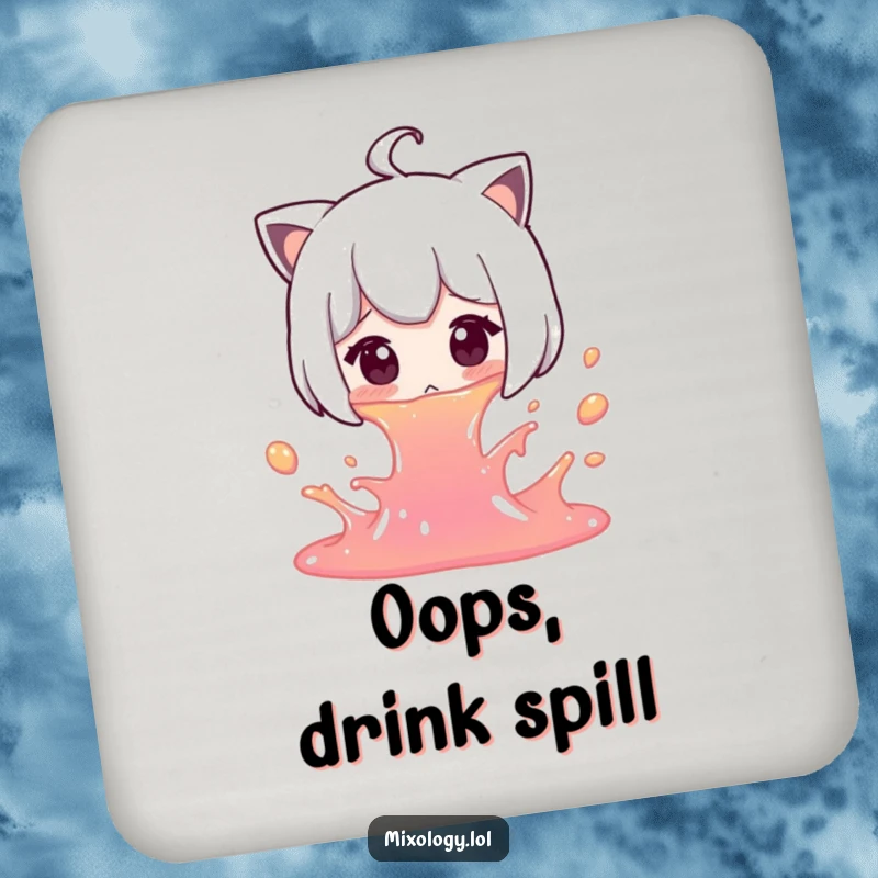 Funny Spill Coasters: A surprised character accidentally spills colorful liquid, designed for drink protection.