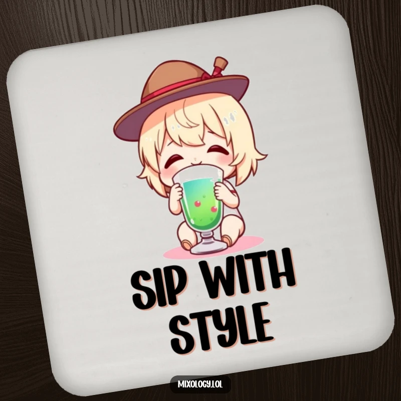 Funny Drink Coaster featuring a charming figure in a tiny hat, happily tasting a colorful drink, adding fun to tables.