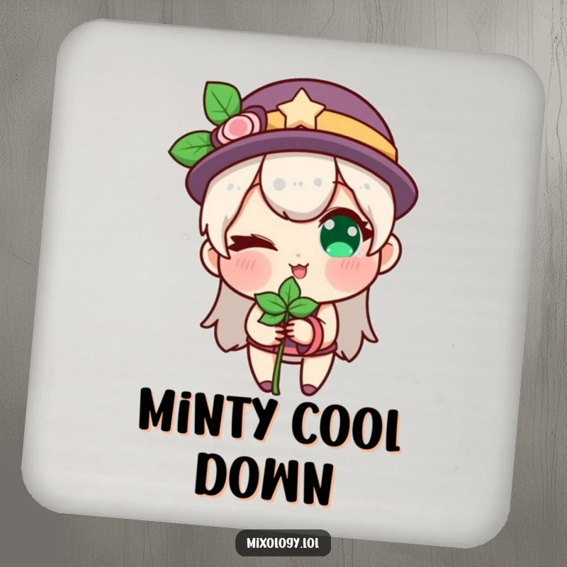 Funny drink coaster showing a character winking while holding a sprig of mint, protecting furniture with charm.