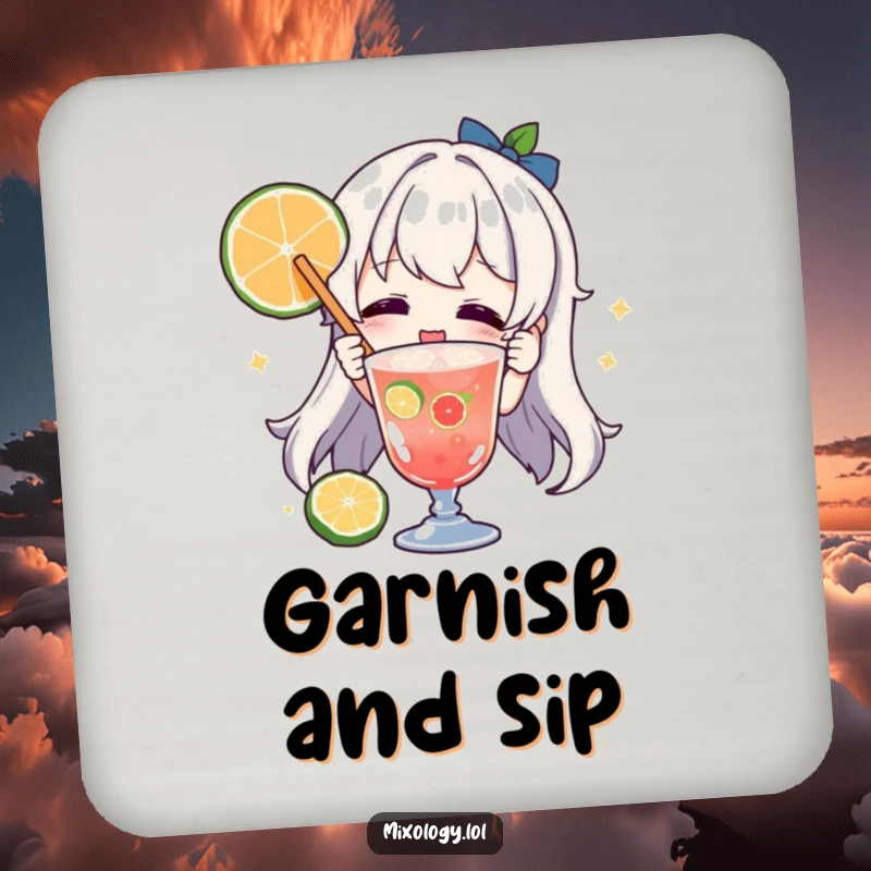 Funny character drink coasters, joyfully garnishing a drink with a fruit slice, offering stylish protection with humorous flair.