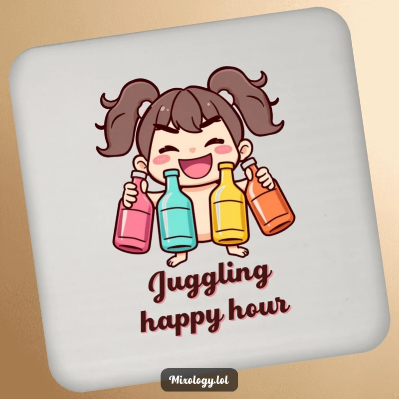 Funny drink coaster set with characters juggling bottles, adding humorous protection to tables and bars with a playful vibe.