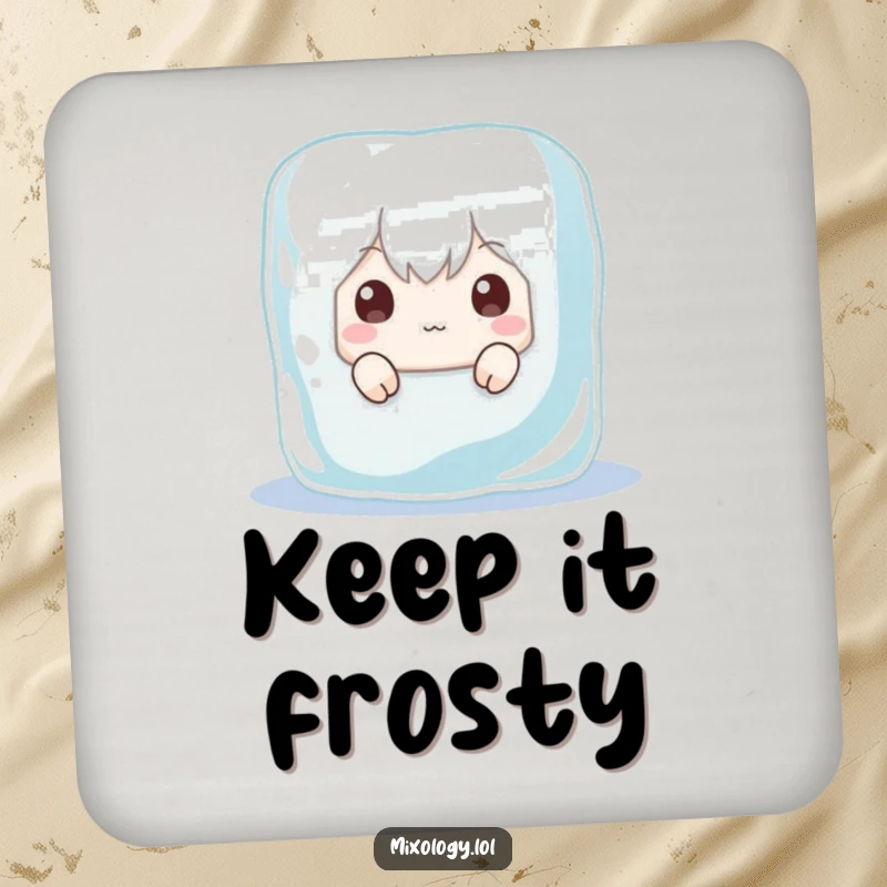 Funny drink coaster featuring a character peeking out from behind a large ice cube, adding a humorous and protective element to tabletops.