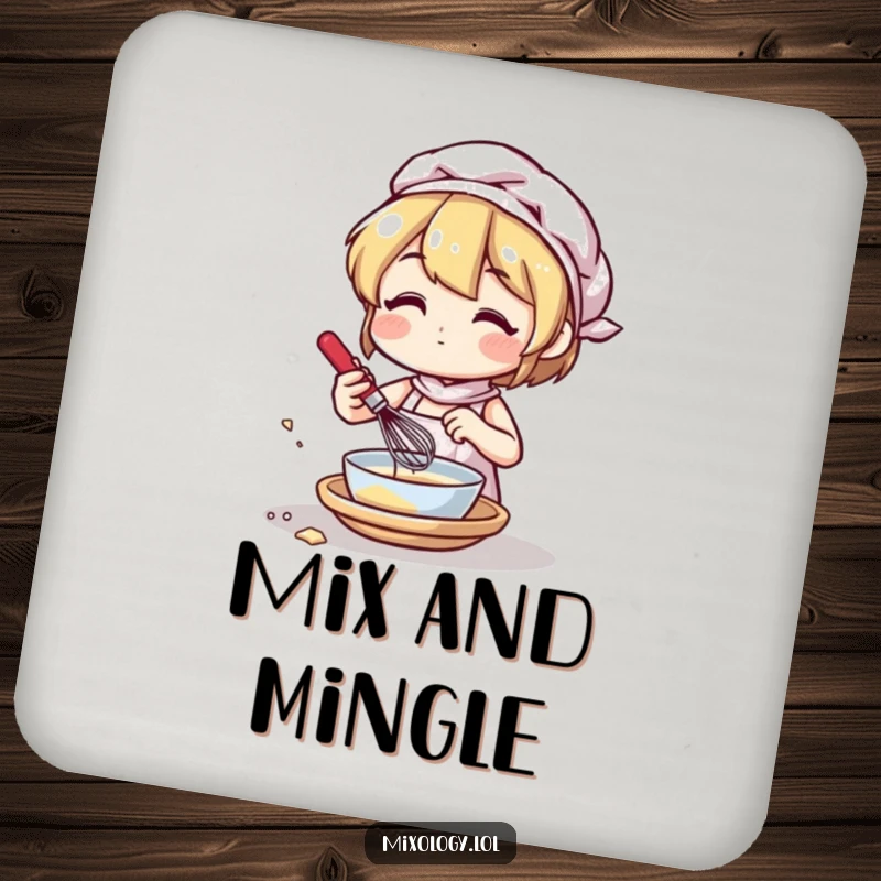 Funny coaster featuring a character mixing ingredients with a small whisk, designed to protect surfaces with culinary humor.