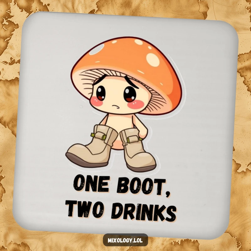 Funny Mushroom Coaster: A confused mushroom character wearing two mismatched boots, adding a humorous touch to surfaces.