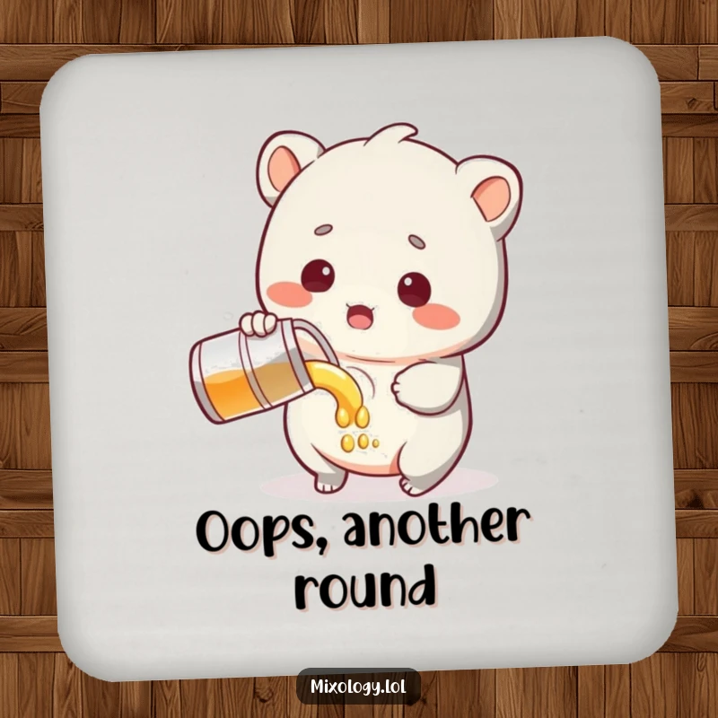 Funny Drink Coaster with a sweet creature looking surprised while pouring liquid, adding a humorous touch to beverage service.