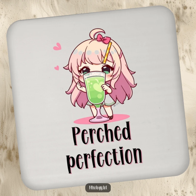 Funny Coasters: Set featuring a character with flair presenting a fancy drink, adding a humorous and practical touch to protect tables.