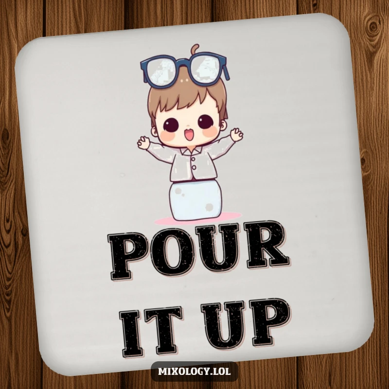Funny Drink Coaster depicting a character balancing a tall stack of glasses, adding a humorous touch to any drink setting.