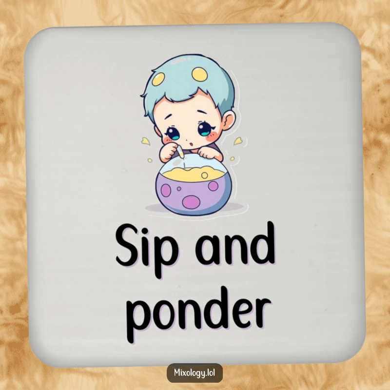 Funny drink coaster depicting a curious character peering intently at a lively, bubbling concoction, protecting your furniture.
