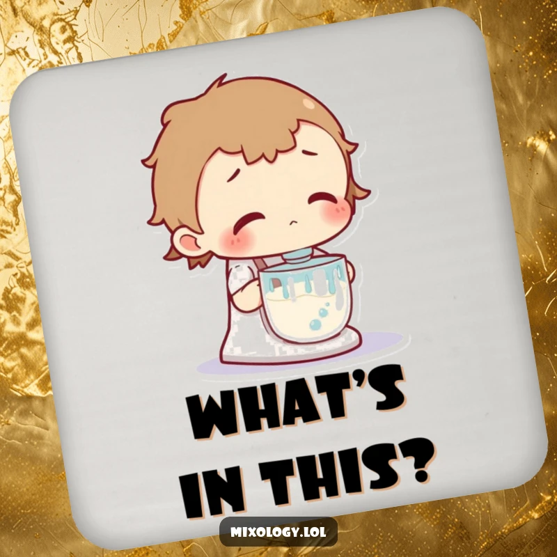 Funny drink coaster showing a curious character intently looking at a bubbling mixer, perfect for sparking conversation.
