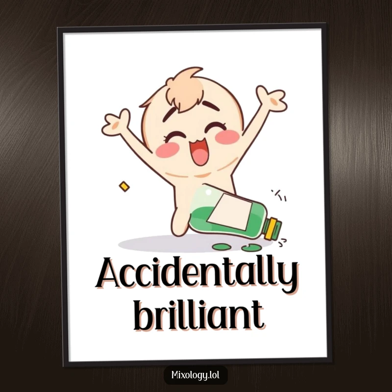 Funny poster of a clumsy character happily flailing their arms after accidentally knocking over a bottle, creating a scene of cheerful chaos.