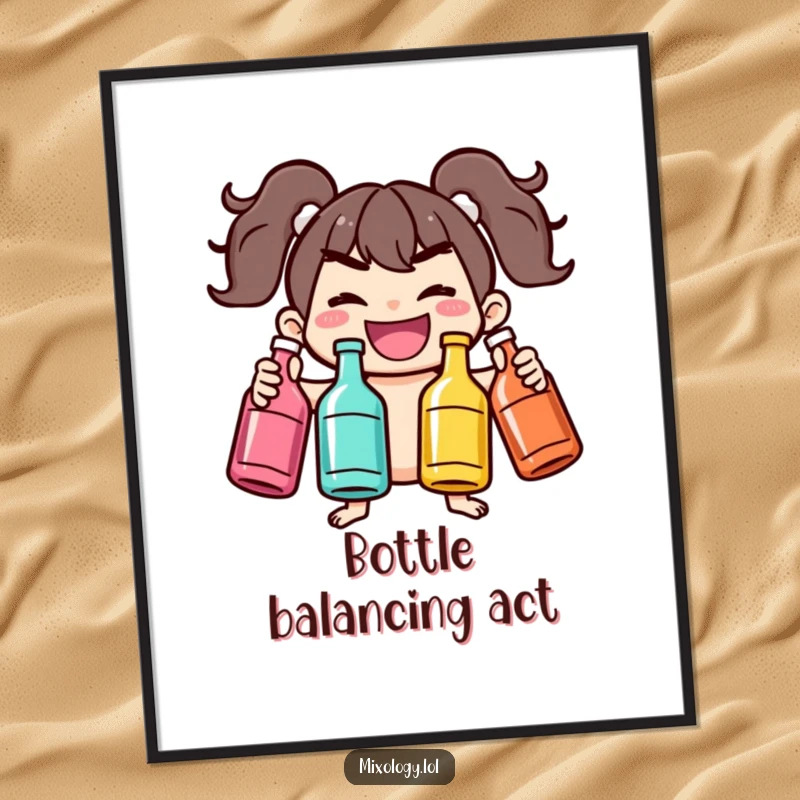 Funny poster of a joyful character mischievously juggling bottles, ideal humorous decor for homes, gyms, or creative studios.