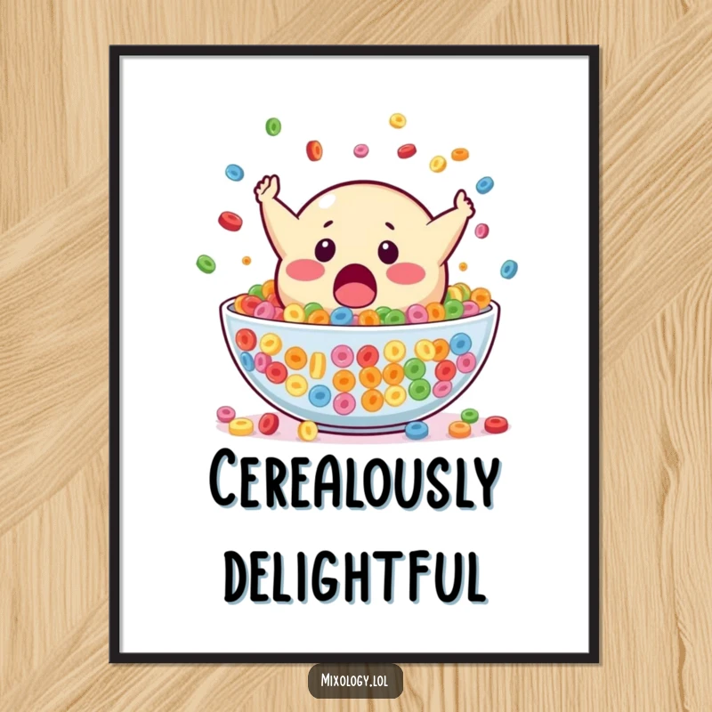 Funny poster of a surprised blob mascot falling headfirst into a large bowl of colorful cereal, perfect for humorous wall decor.
