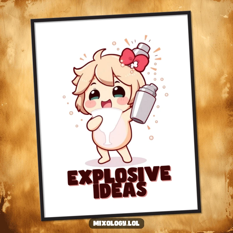 Funny poster art of a character gleefully shaking a cocktail shaker, capturing a dynamic bubbly explosion of pure party joy.