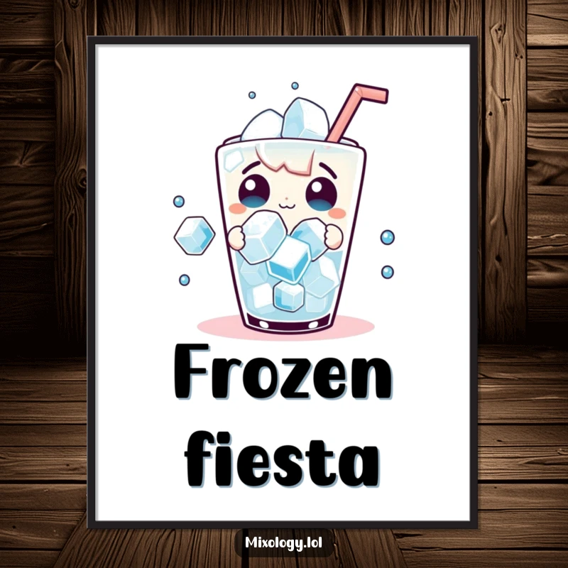 Funny Poster: Playful character's surprised face next to dancing ice cubes in a drink, adding whimsy.