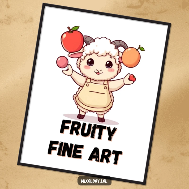Funny poster of a fluffy sheep in a stylish apron comically juggling three fruits, ideal for humorous kitchen decor.