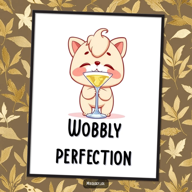 Funny poster of a character with clumsy delight, precariously balancing a cocktail stirrer on their nose, capturing a moment of joyful instability.