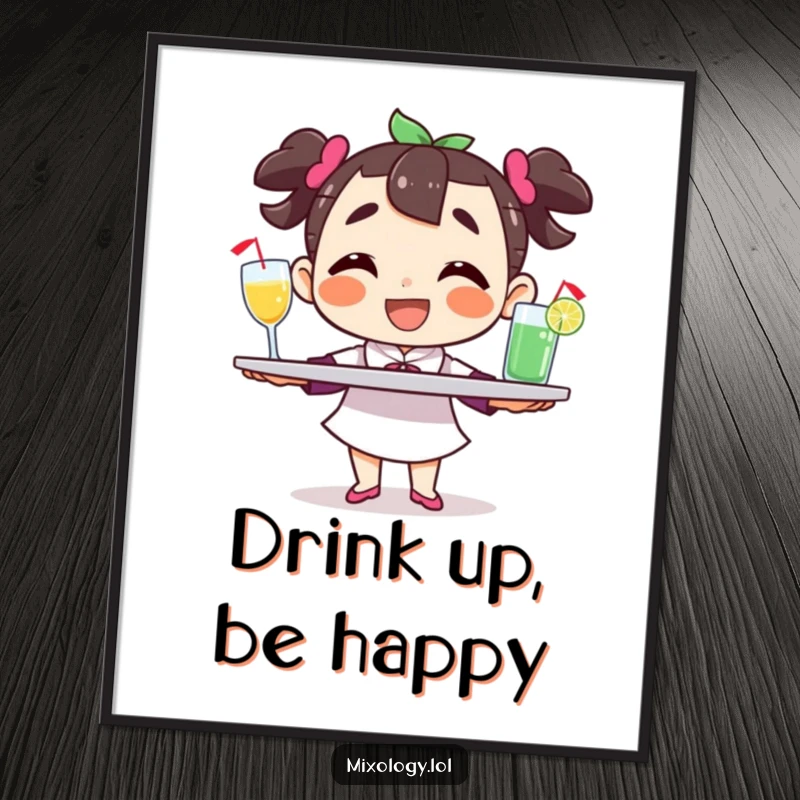 Funny character poster, balancing a tray of drinks with a grin, adding cheerful and humorous wall art for hosts.