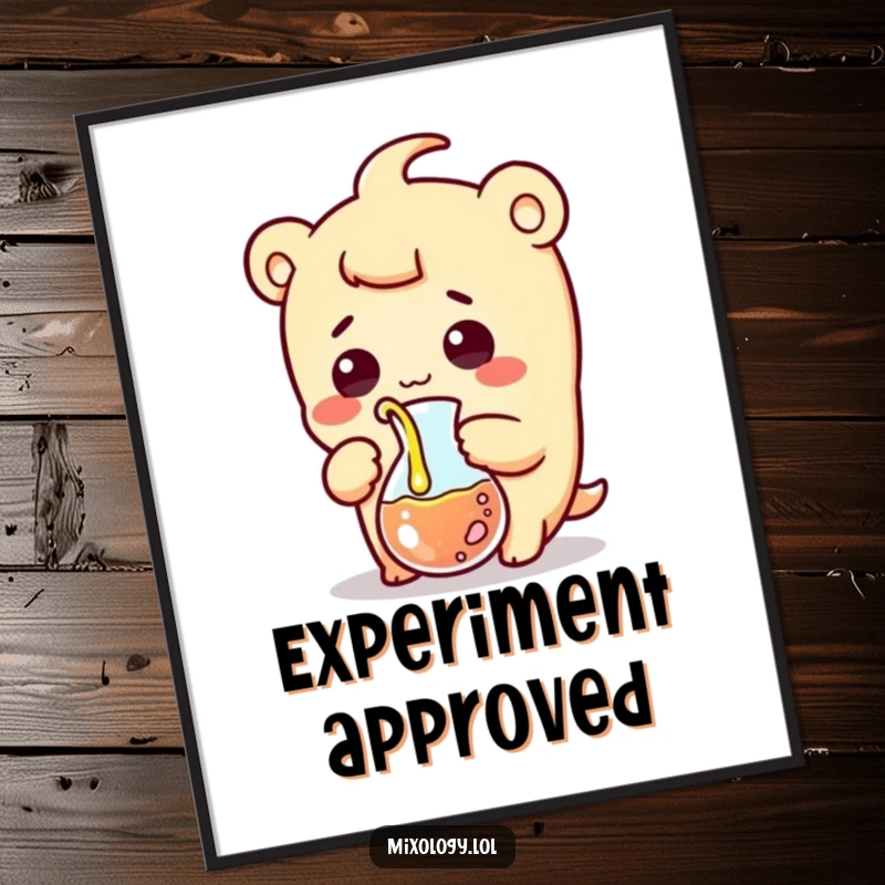 Funny poster print of a surprised kawaii scientist character comically pouring liquid from a beaker, delivering a comical, wide-eyed shock.