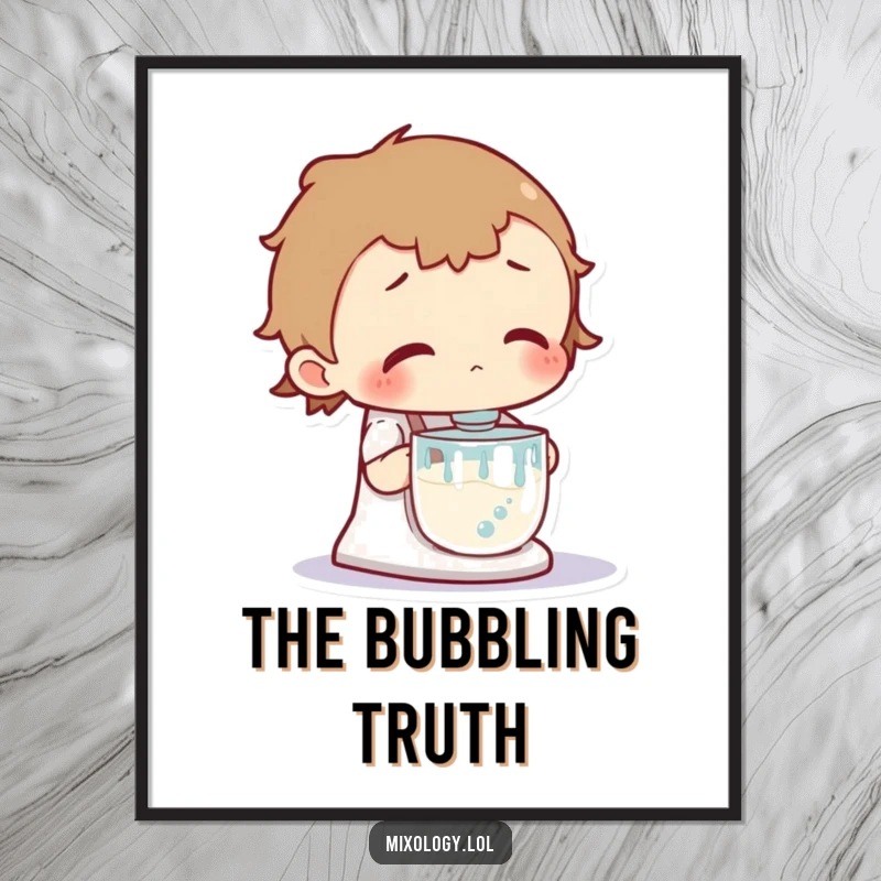 Funny poster of a curious character intently observing a vigorously bubbling mixer, conveying fascination and the excitement of discovery.