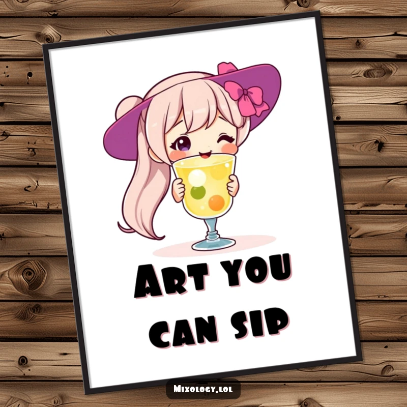 Funny Poster: Celebratory character proudly showcasing a beautifully crafted cocktail, adding artistic flair and humor to any room, a perfect funny gift.