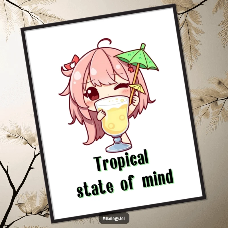 Funny poster art featuring a charismatic character winking while placing a tiny umbrella as a garnish on a beautifully prepared drink.