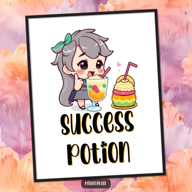 Funny poster of a character offering a confident, approving nod while gazing at a vibrant and colorful concoction, symbolizing achievement.