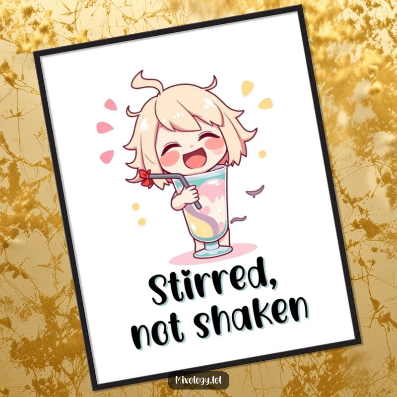 Funny delighted character poster showing a character stirring a drink with an exaggerated, happy swirl.