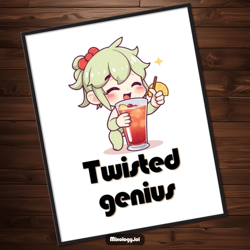 Funny poster art of an enthusiastic character adding a citrus twist to a beverage with meticulous care and joy.