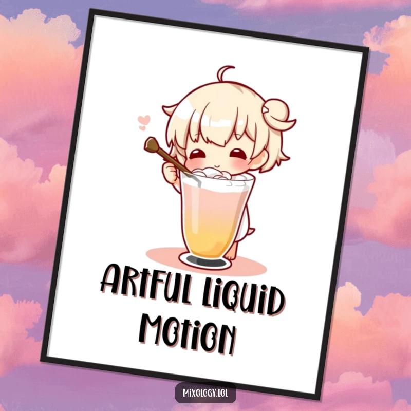 Funny character elegantly twirling a drink with a long stirrer, depicted as stylish bar art for walls.