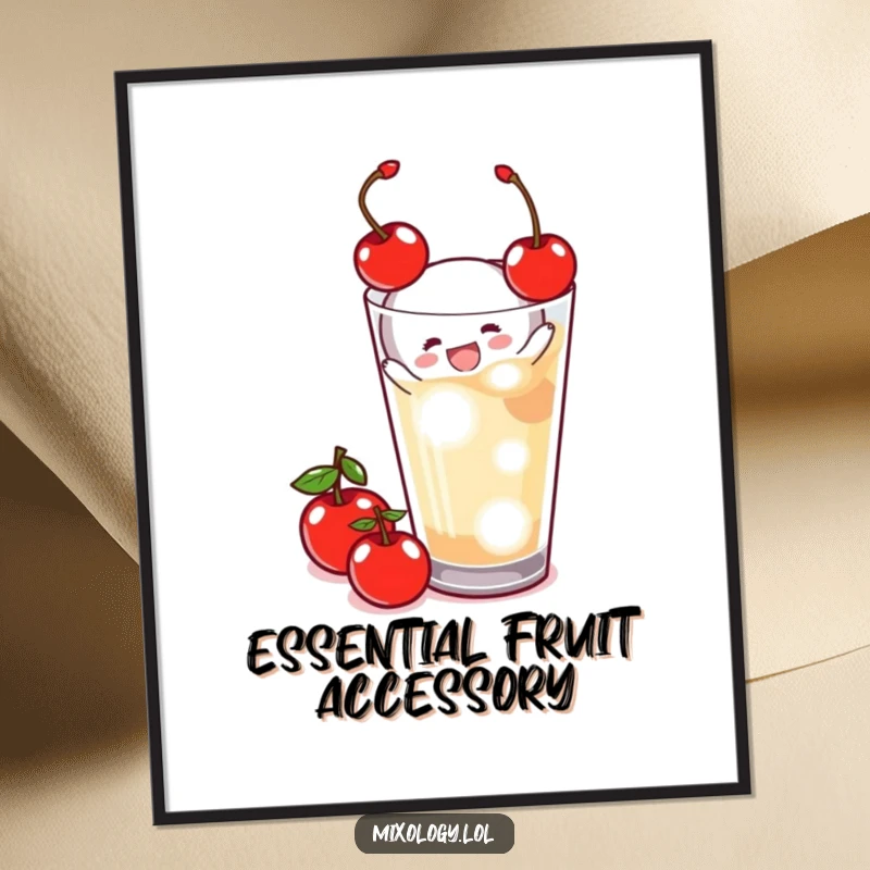 Funny Poster showcasing a tiny figure's skillful and joyful garnishing of a drink with a bright cherry, adding personality to decor.