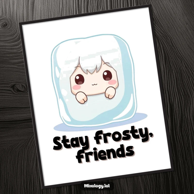 Funny poster showcasing a character comically hiding behind a massive ice cube, peering out with wide, innocent eyes, adding humor to any space.