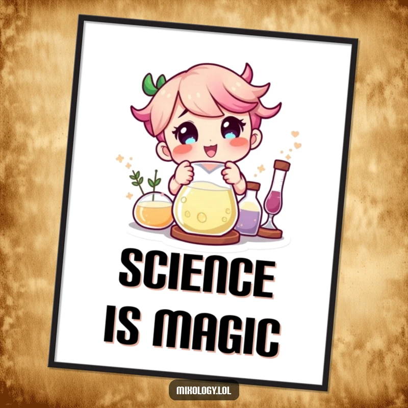 Funny character delighted as magical ingredients combine in a beaker, depicted as a whimsical wall art poster.