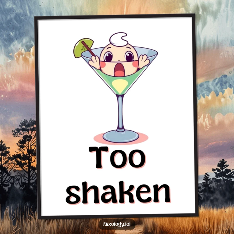 Funny poster art depicting a surprised character emerging from a giant martini glass, creating a whimsical and comical scene.
