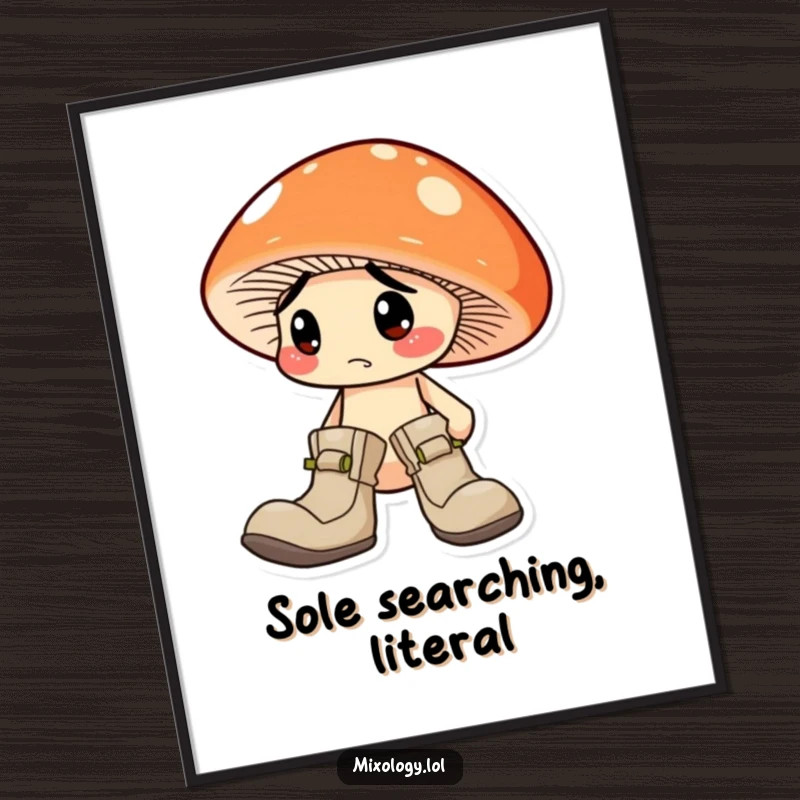 Funny Mushroom Poster: A confused mushroom character hilariously sporting two completely different boots on a wall art.