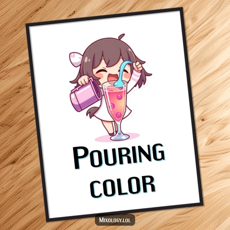 Funny poster art of a character excitedly pouring a vibrant liquid into a tall glass, capturing energetic drink creation.