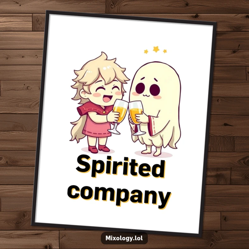 Funny character joyfully clinking glasses with a spectral friend, depicted as a charming wall art poster.