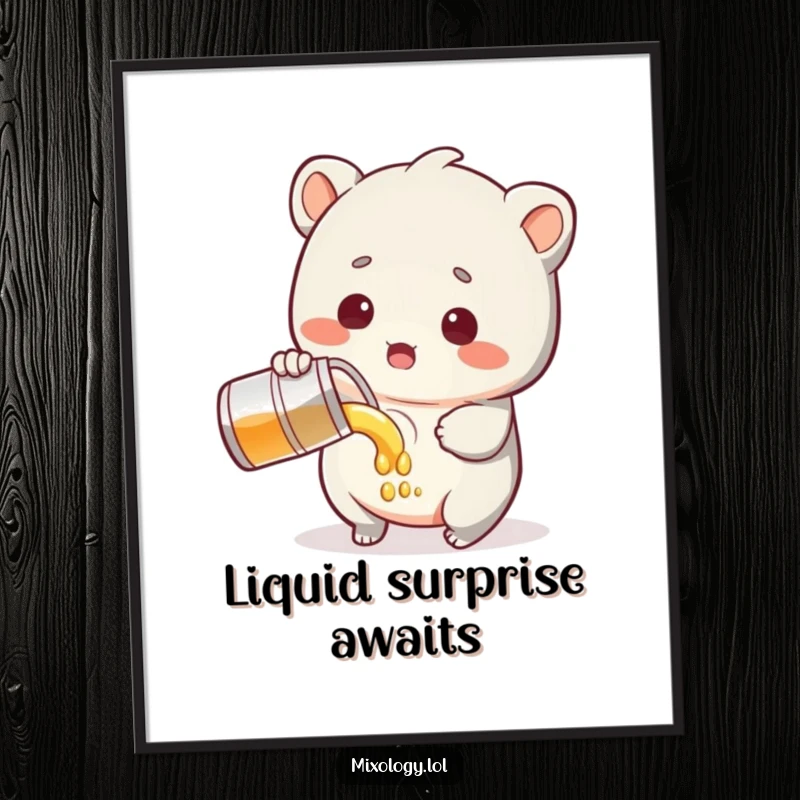 Funny Poster of a sweet creature looking shocked while pouring liquid, a charming piece that adds humor to any space.