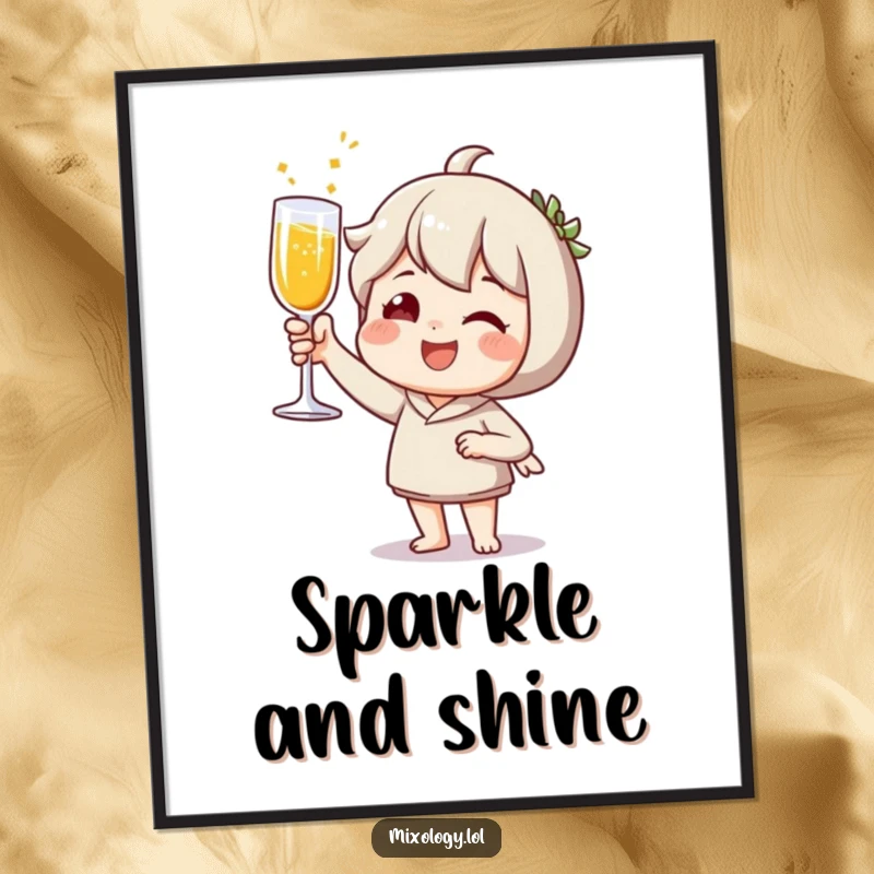 Funny Poster: Joyful character raising a glass to toast with a sparkling beverage, embodying celebration.