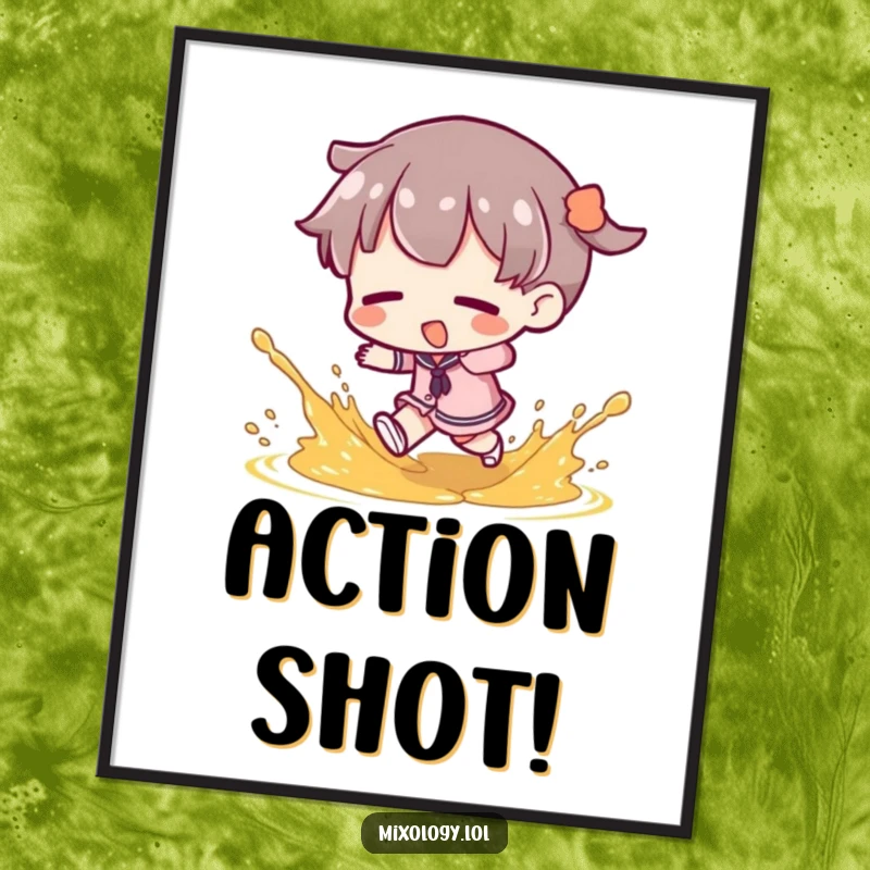 Funny Poster: Character mid-stumble, garnish flying, creating a dynamic and humorous piece of wall art, a perfect funny gift.