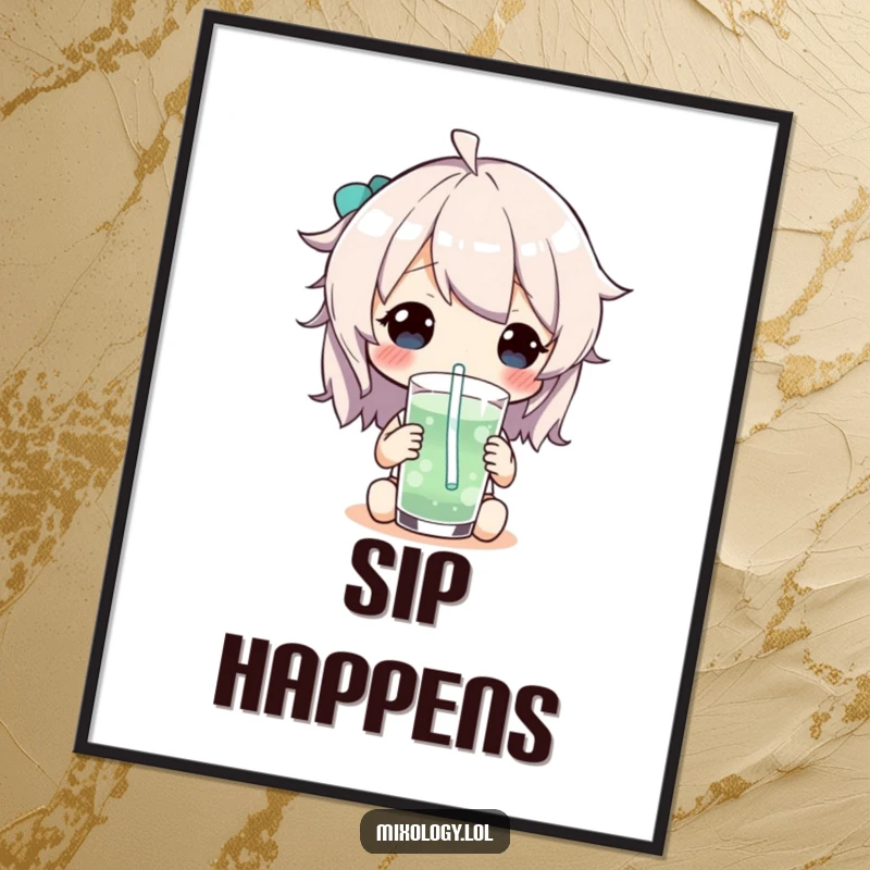 Funny Poster print of a character with a mischievous smile, enjoying a drink through a comically long, twisting whimsical straw.