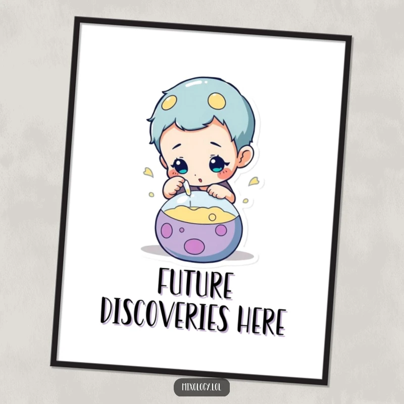 Funny poster of a curious character, magnifying glass in hand, inspecting a glowing, bubbling concoction with intense fascination.